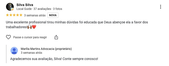 Avaliação 5 estrelas no Google: excelente profissional, educada, a favor dos trabalhadores
