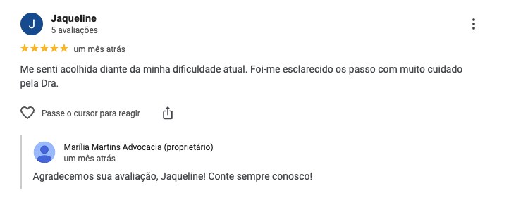 Avaliação 5 estrelas no Google: me senti acolhida, tudo esclarecido com muito cuidado pela Dra.