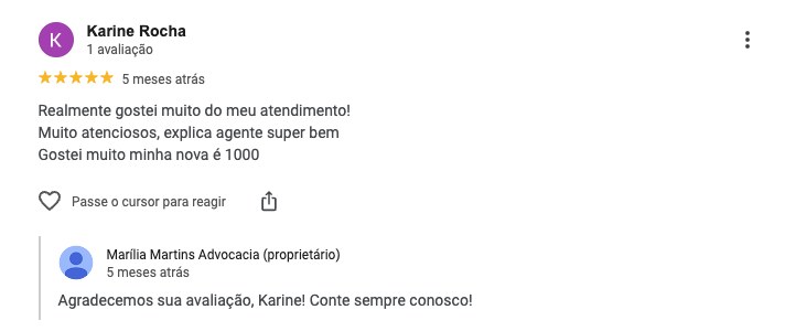 Avaliação 5 estrelas no Google: atendimento atencioso, explica muito bem