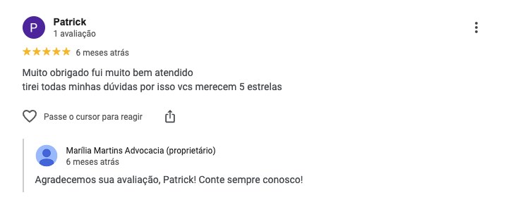 Avaliação 5 estrelas no Google: muito bem atendido, tirei todas as dúvidas