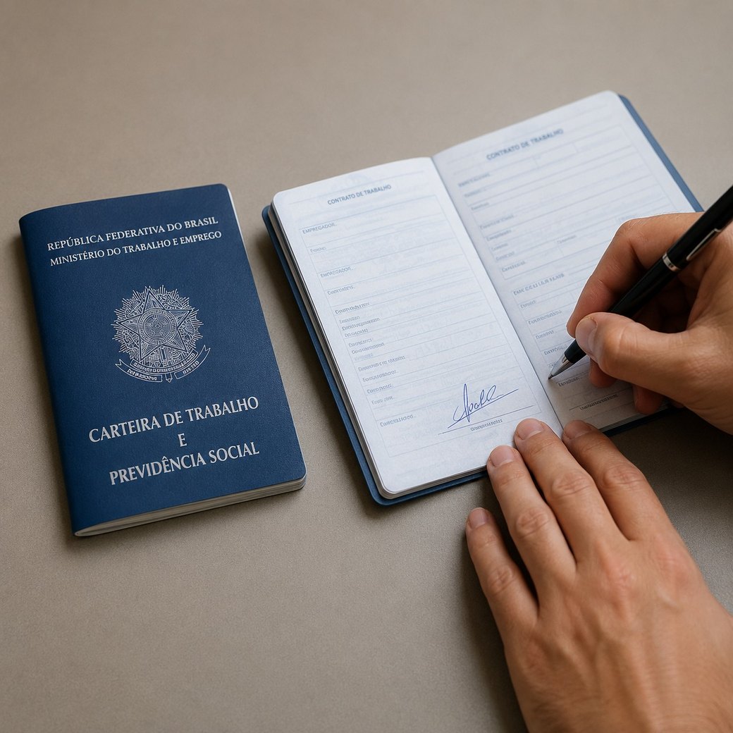 Carteira de Trabalho e Previdência Social sendo assinada, reconhecimento de vínculo empregatício
