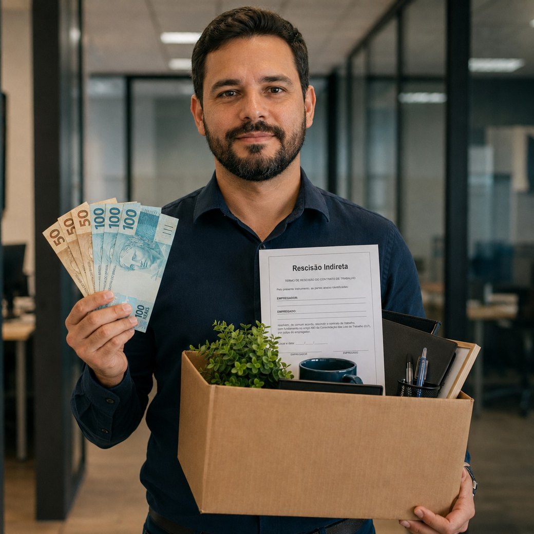 Trabalhador deixando a empresa com caixa de pertences e verbas rescisórias após rescisão indireta